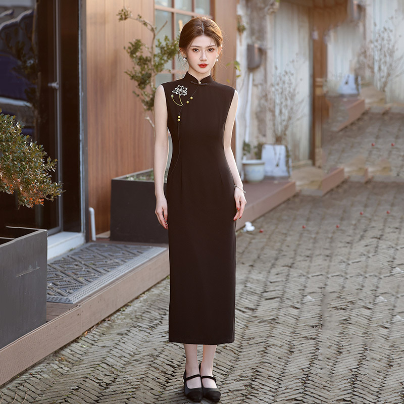 Black long lightweight retro summer cheongsam sleevless