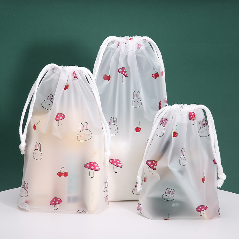 现货磨菇兔抽绳束口收纳袋搬家打包袋 透明磨砂彩色拉链袋自封袋