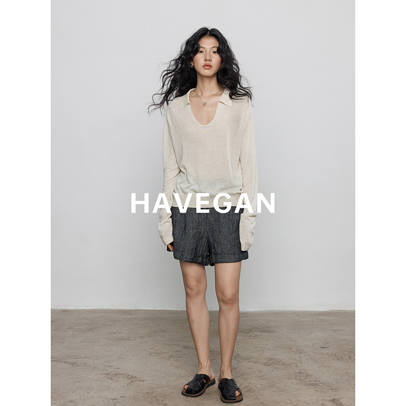 与间HAVEGAN/秋季天丝亚麻长袖防晒针织T恤女翻领老钱风休闲上衣|undefined