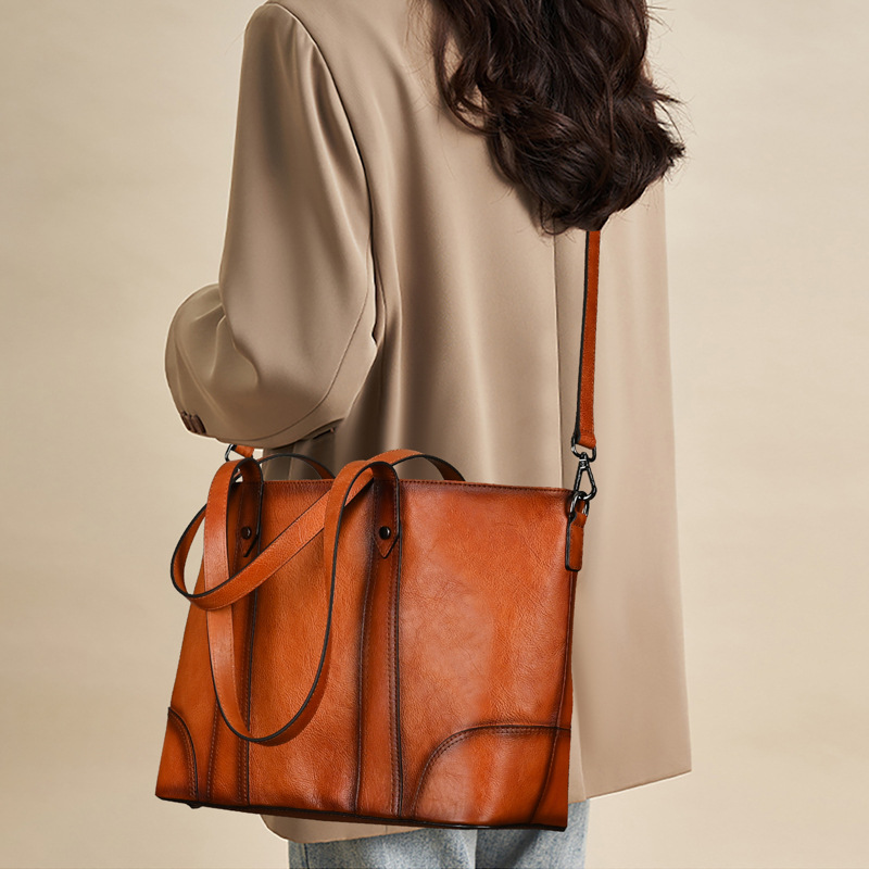 Túi tote nữ da bò cao cấp phong cách retro, dung tích lớn, đeo vai/nách — Màu nâu cổ điển, Màu Cà phê cổ điển, Màu đen cổ điển