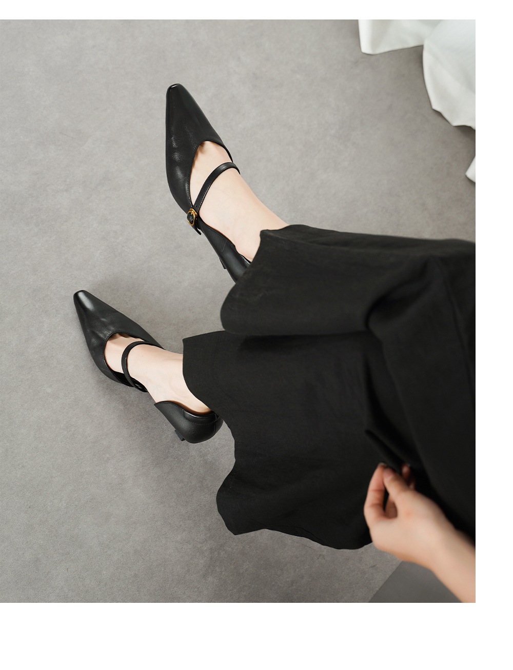 Sandal cao gót nữ quai ngang mũi nhọn da bò cổ điển gót 9 cm — đen chi tiết 11