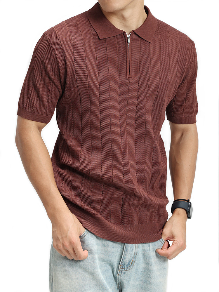 Comercio exterior transfronterizo hombre polo de punto medio cremallera textural de rayas verticales lujosas de alto nivel camisa de estilo europeo y americano image 3