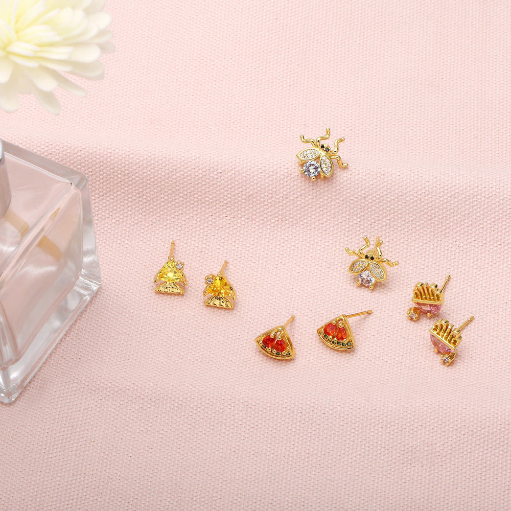 fashion mini insect color zircon copper gold-plated earrings