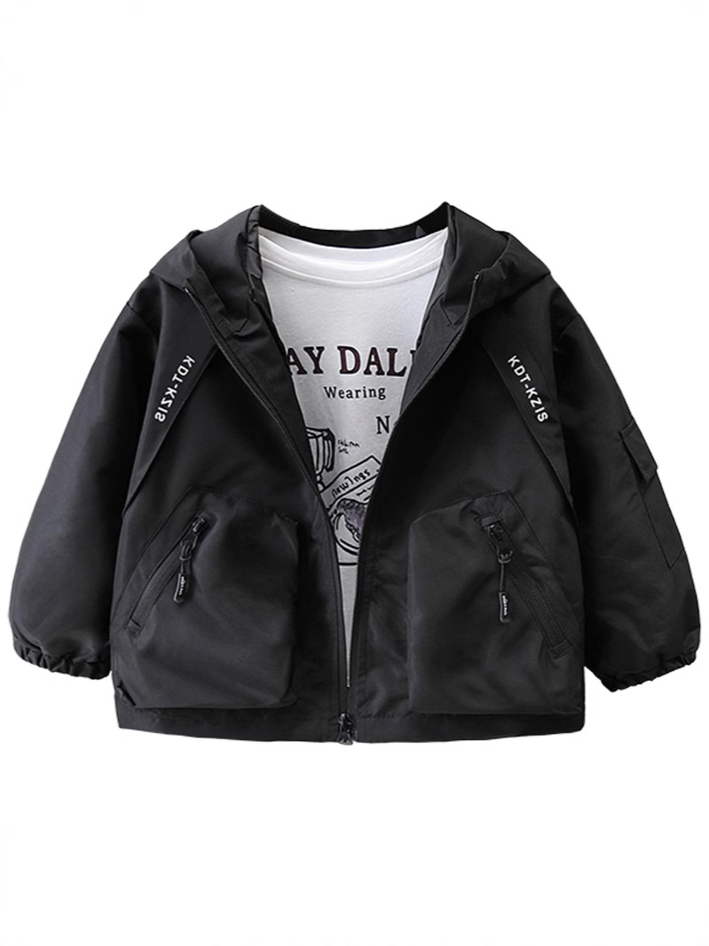 7733 Chaqueta cortavientos negra para niños, estilo primavera y otoño 2026, nueva chaqueta informal para niños, top con capucha de moda primavera