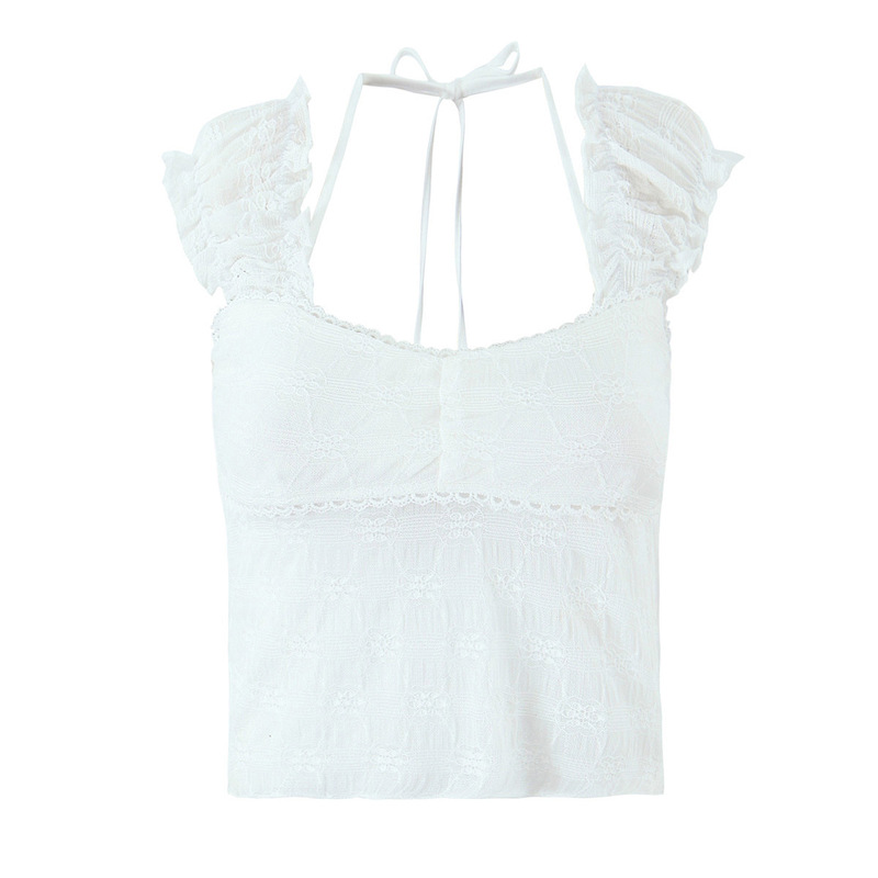 French-Style Sexy Lace Semi-Sheer Figure-Flattering Halter Neck Tie Puff Sleeve T-Shirt Sweet Internet Celebrity Slim Fit Outerwear