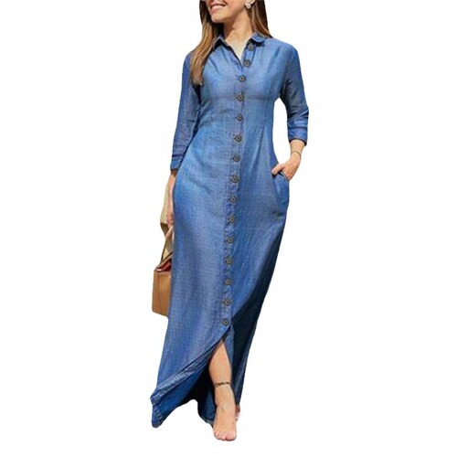 Elegant and stylish women's clothing with a European and American style, neutral temperament, long-sleeved, stand-up collar, open jacket, solid color, long denim dress.