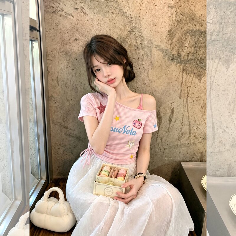 Pink Short-Sleeve Slim-Fit Asymmetrical Neckline T-Shirt for Women, Summer 2026, Super Stylish Dopamine Outfit, Off-Shoulder Sweet Style Top Pink Short-Sleeve Slim-Fit Asymmetrical Neckline T-Shirt for Women, Summer 2026, Super Stylish Dopamine Outfit, Off-Shoulder Sweet Style Top