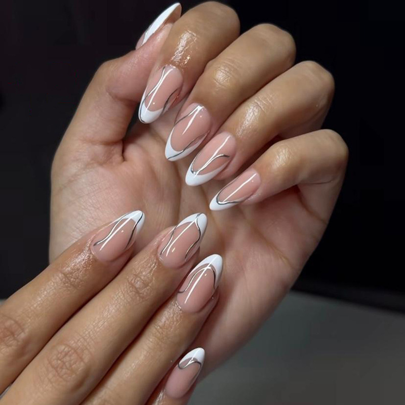 Simple French white wearing nail silver lines nail art fake nails cross-border short almond nail slices wholesale