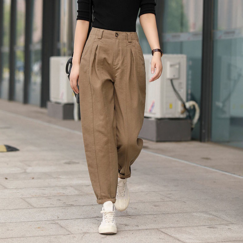 2022年春款卡其色大码宽松休闲裤女高腰显瘦百搭廓形工装风老爹裤|ru