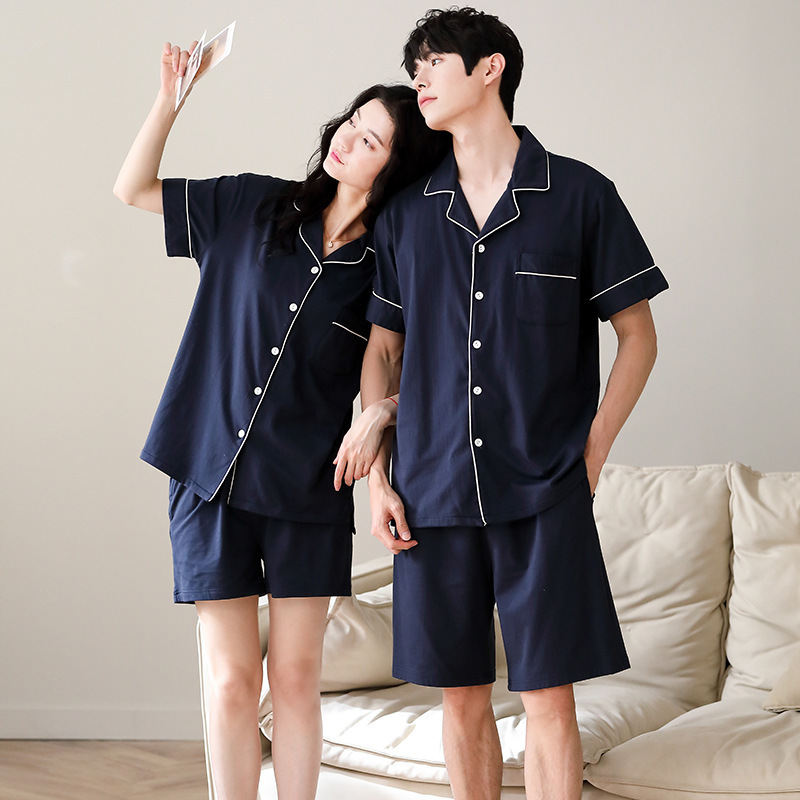 Youth Summer Couple Pajamas Short-sleeved Shorts Simple Solid Color Cardigan Men's and Women's Casual Pure Cotton Home Clothes