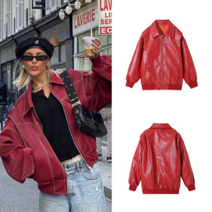 AliExpress 2024 Spring Autumn Winter New Women's Clothing European and American Fashion Red Joker American PU Jacket Motorcycle Coat