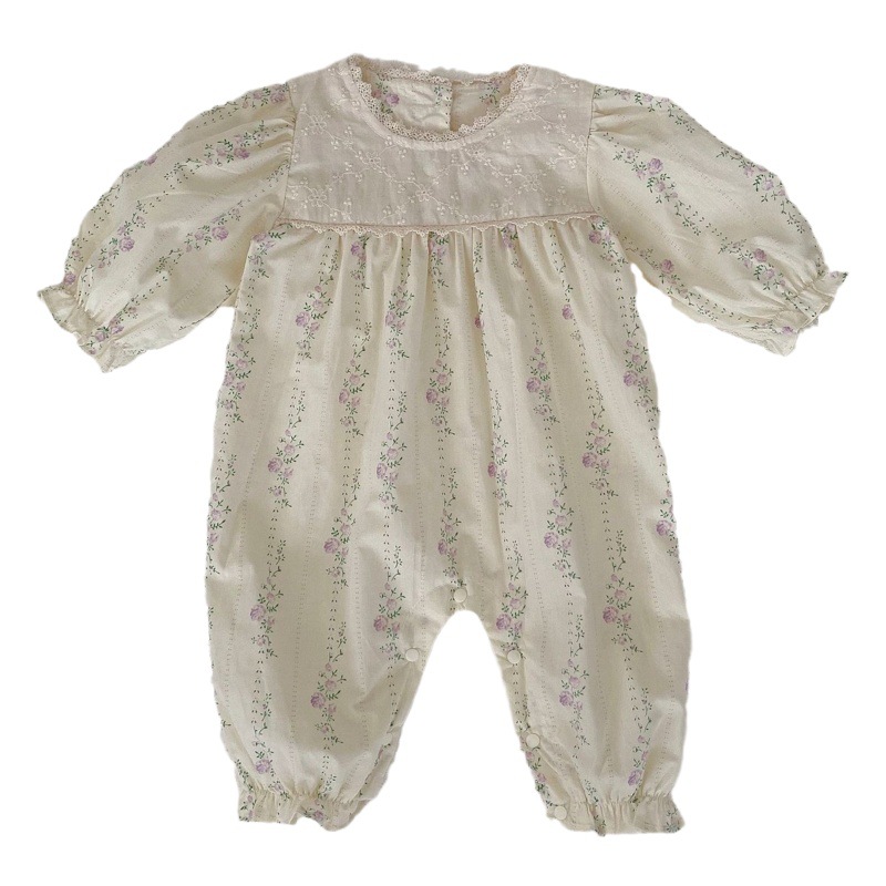 2024 primavera y otoño bebé de una pieza estilo pastoral pequeño mameluco floral de manga larga abrigo de culo femenino bebé de un año traje de escalada