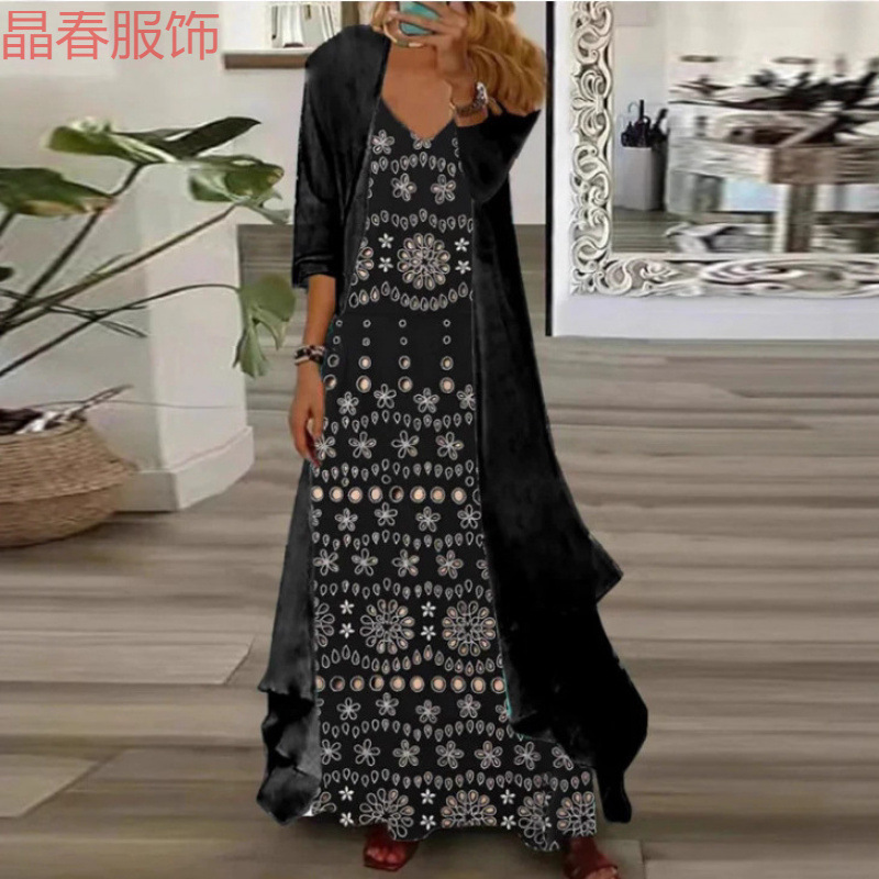Independent Station European and American New Women's Inner Dress Two-Piece Floral Print Dress