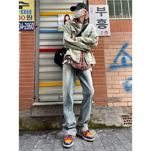 Vintage American workwear jeans for men, new autumn style, rinsed straight-leg with a vibe, high street trendy brand, slightly flared pants, cool punk style