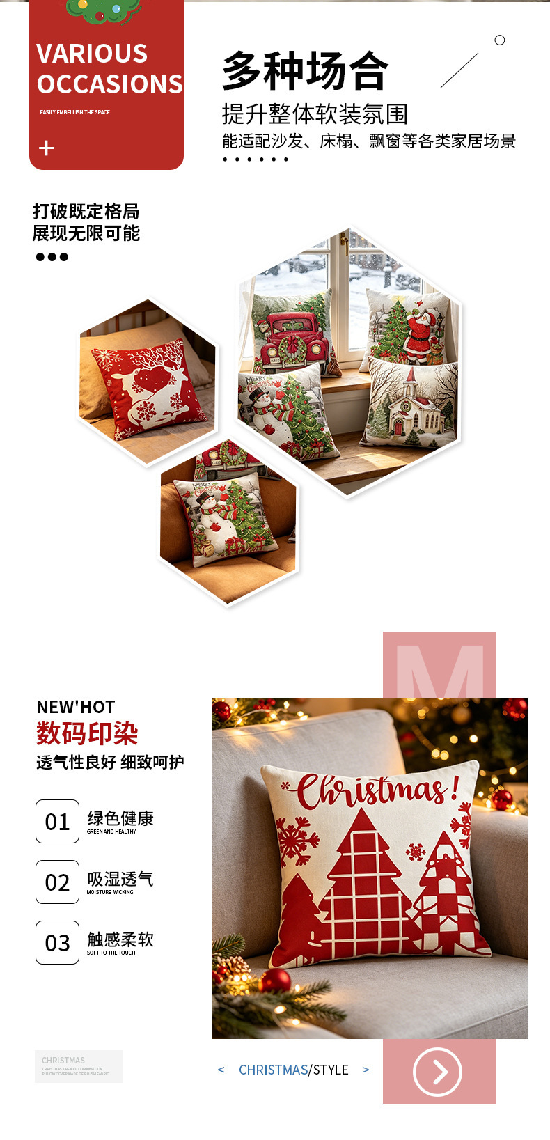 American Vintage Christmas Linen Pillow Cover Printed Sofa Cushion Cover Holiday Decoration Pillowcase Without Core Cushion Cover