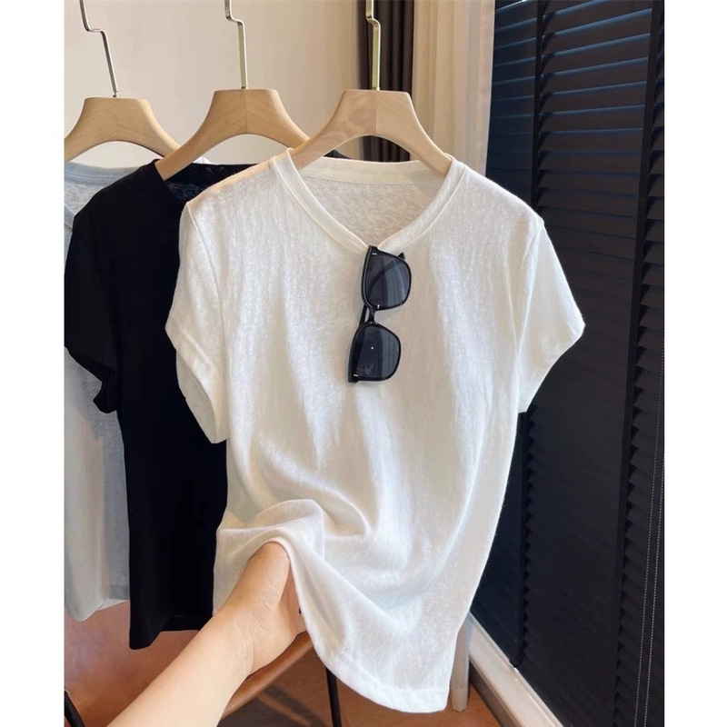 White Snowflake Cotton Right Shoulder Short-Sleeved T-Shirt for Women Summer Thin Small Flying Sleeves Round Neck Loose Linen Bottoming Shirt Top