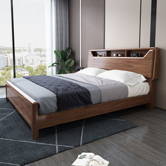 Walnut Solid Wood Bed Master Bedroom 1.8m Single and Double Bed Modern Minimalist 1.5m Small House High Box Storage Wedding Bed