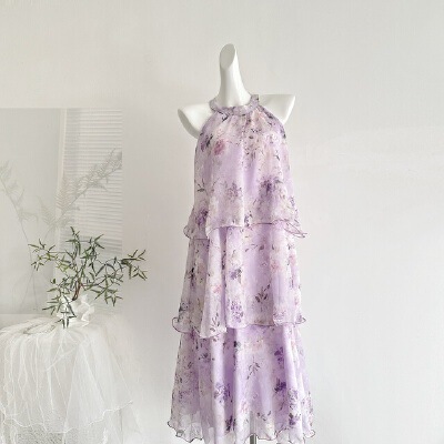 French Floral Dress for Women, Summer Purple Ruffled Mid-Length Halter Neck Sleeveless Flowing Slimming Princess Dress