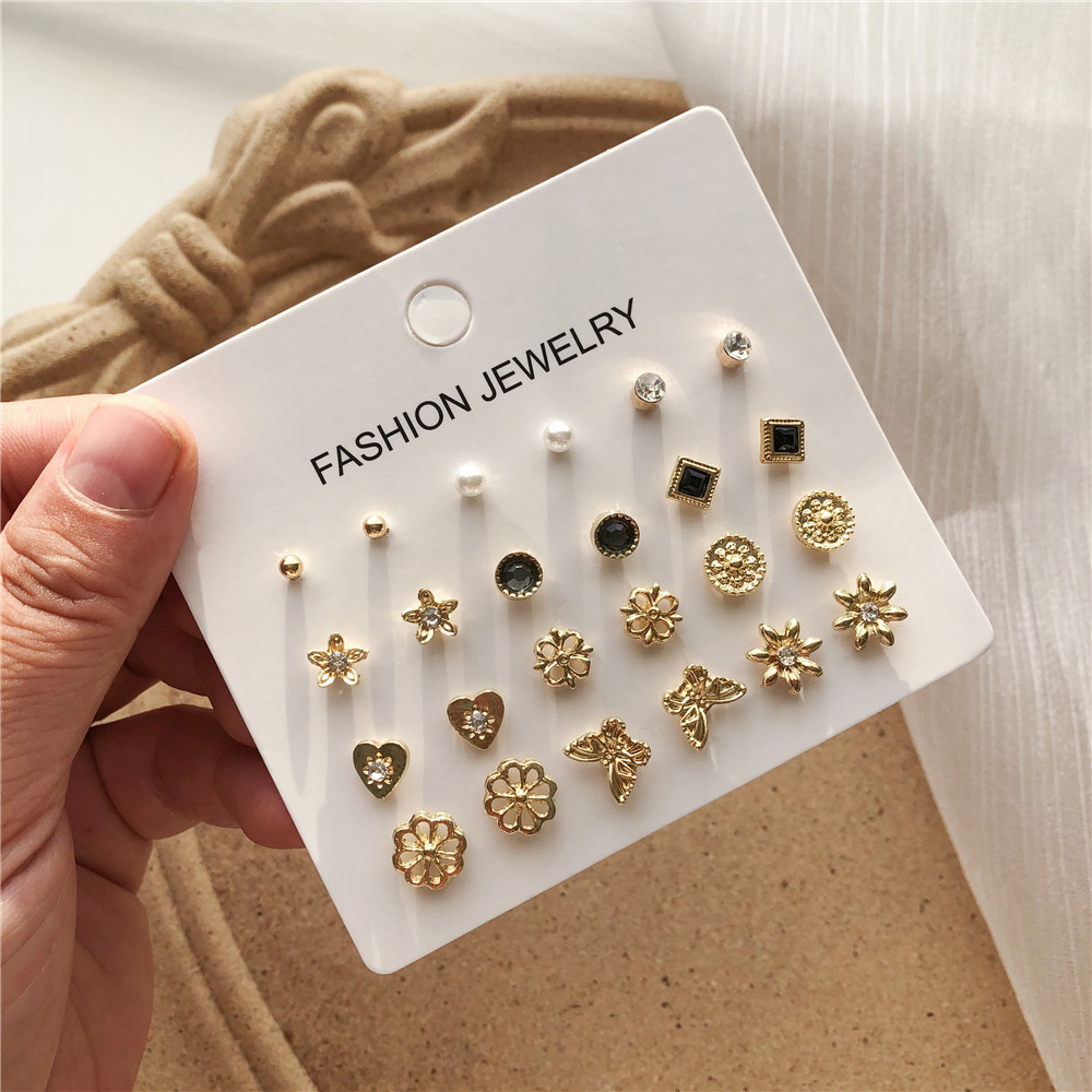 Korean Simple Geometric 12 Pairs Of Diamond Earrings Butterfly Flower Combination Earrings Wholesale display picture 7