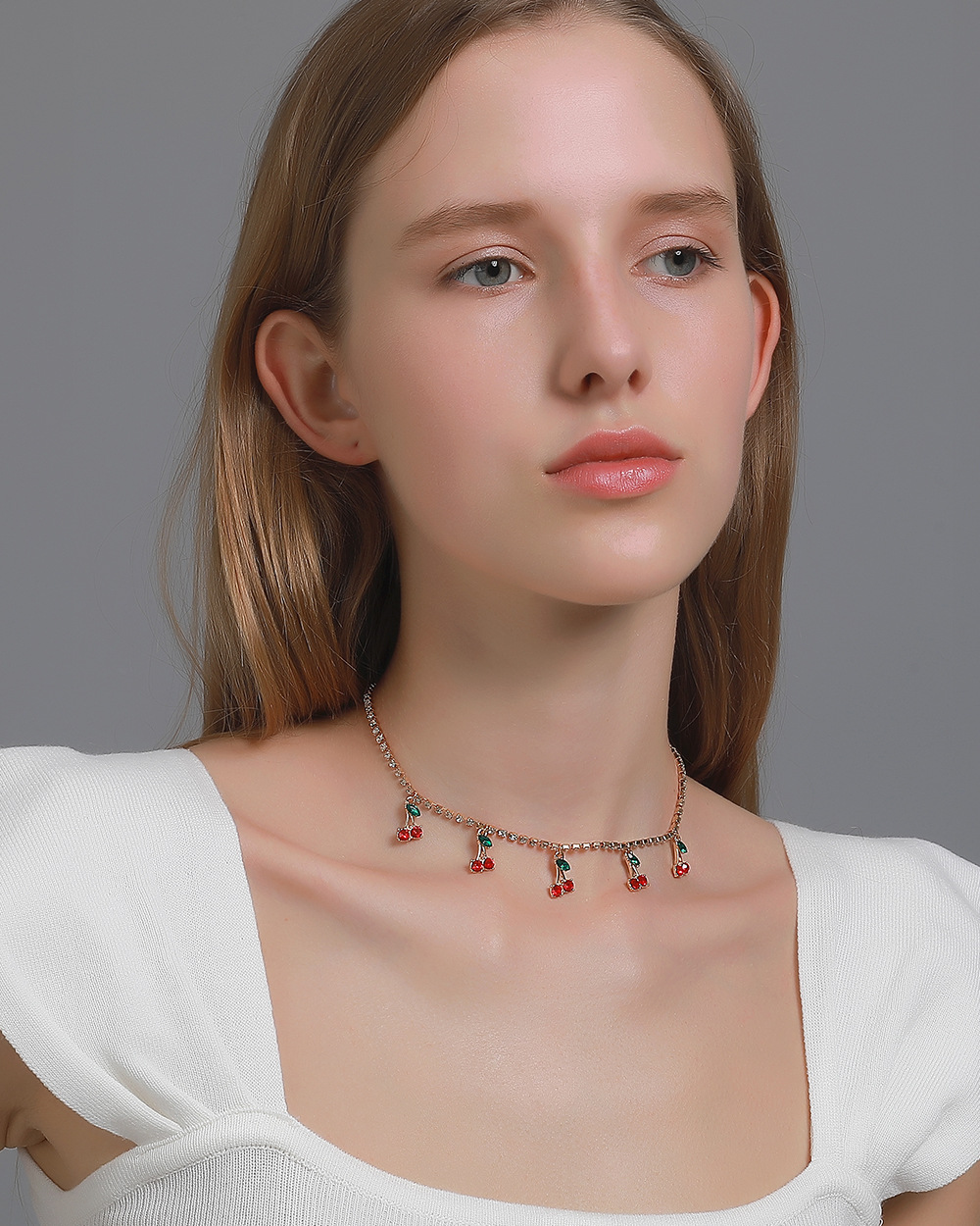 Alloy Material Fashion Peach Cherry Rhinestones Alloy Pendant Necklaces Wholesale