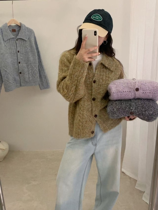 韩代2025秋冬新款翻领复古毛衣外套女软糯宽松高级感夹花针织开衫|undefined