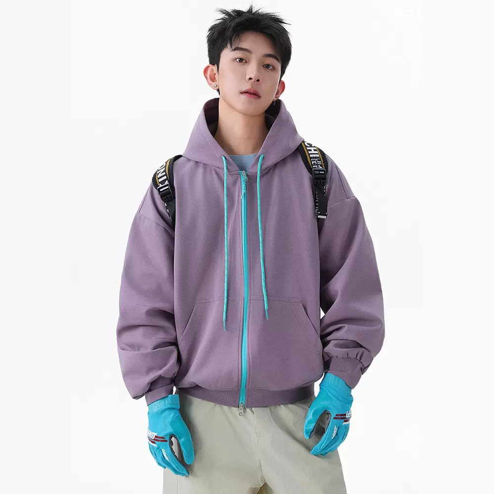 简恒重磅高克重双层定织大版廓形男情侣撞色连帽开衫运动卫衣外套