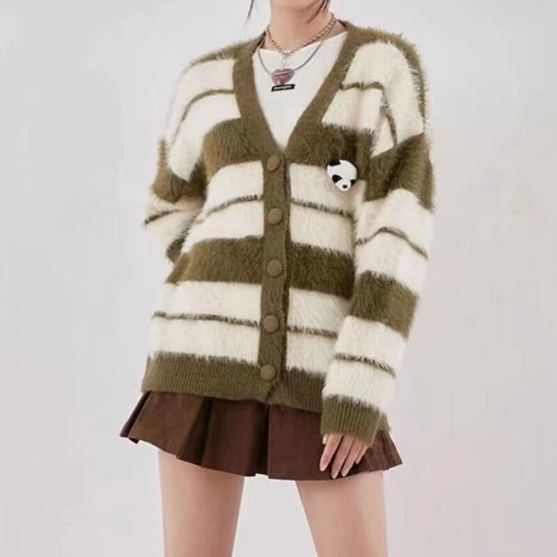 2025 New Japanese Style Fashion Retro Stripesd Knitwear Cardigan Female Niche Panda Doll Design Couple Knitwear