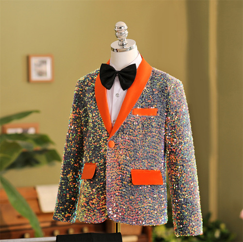 Kids british styles boy orange sequins jazz dance blazers music production model show performance coats children flower boys formal dress suit for children