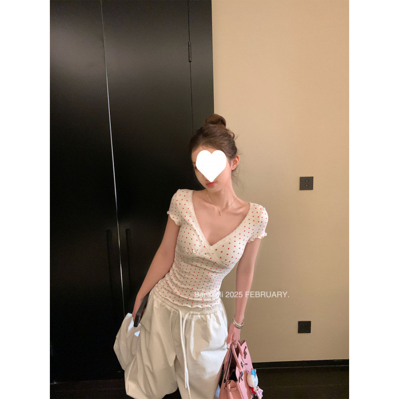 Vネックレーススプライシング半袖Tシャツレディース夏韓国風痩身ボトリングシャツホットガール純粋な欲望スタイルショートトップ|undefined