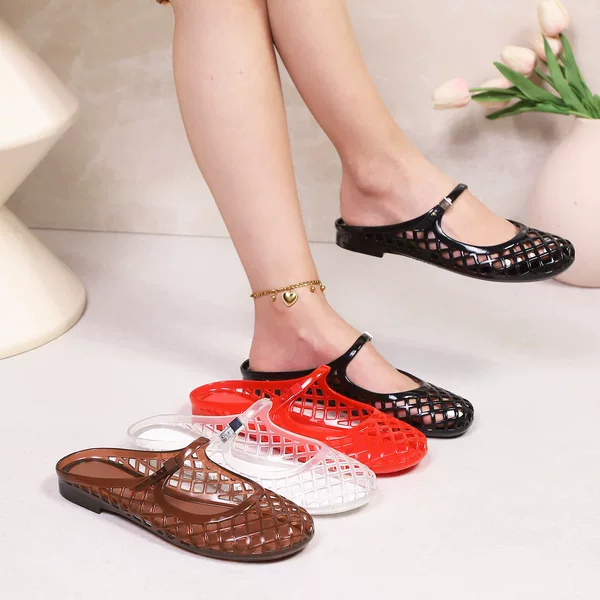 Korean Style New Light Luxury Jelly Crystal Closed-Toe Versatile Flat Breathable Sandals Hollow Comfortable Mary Jane Shoes