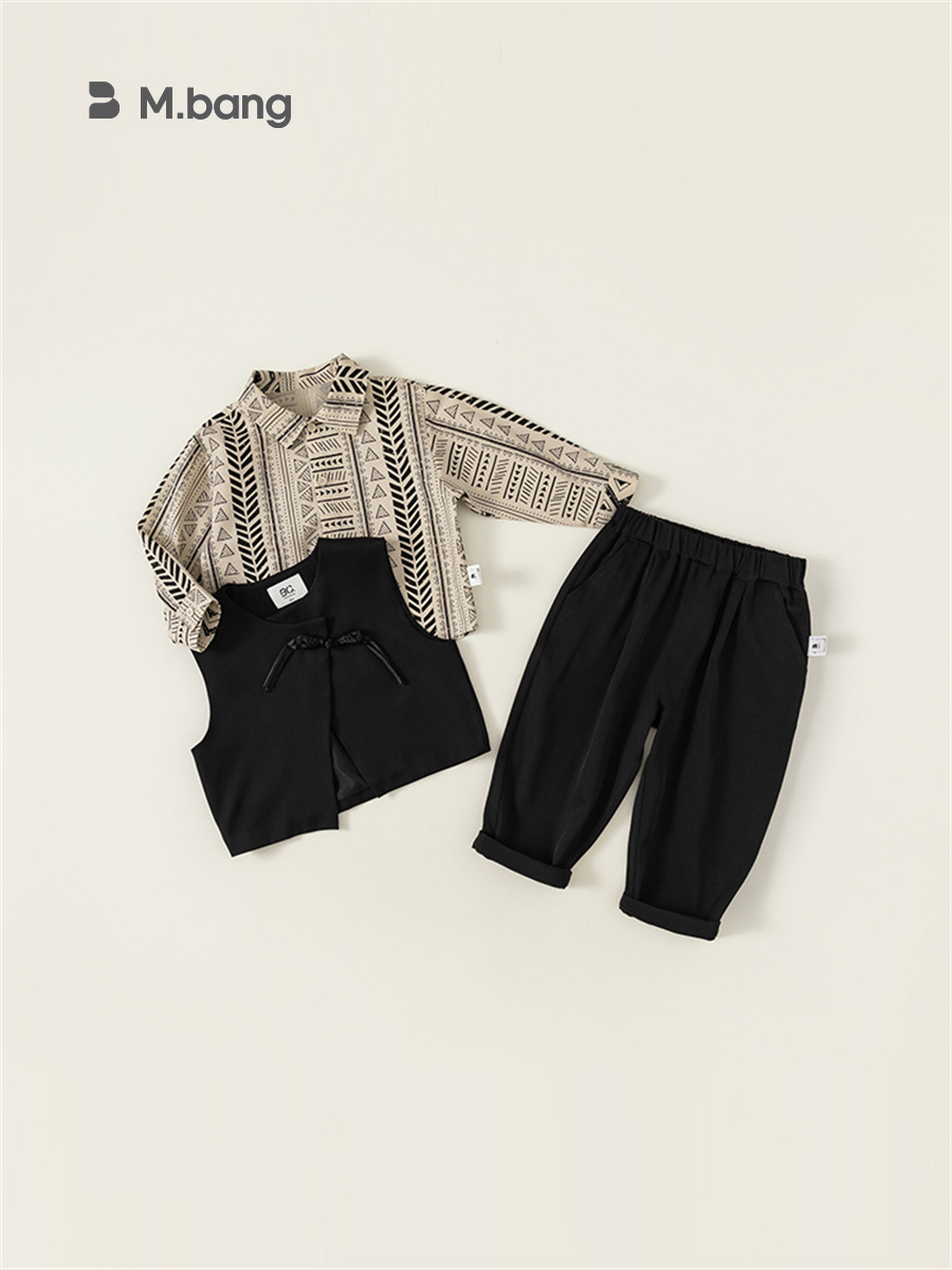 Conjunto de ropa infantil Bangxuan para niños, primavera y otoño, chaleco, camisa floral, pantalones, conjunto de tres piezas, ropa formal para niños pequeños, traje para actuaciones.