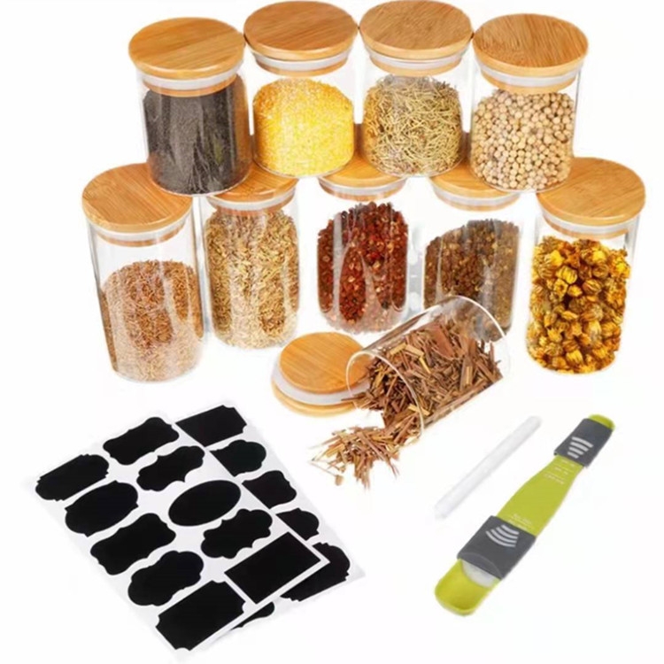 Manufacturer Sells Glass Storage Jar Set Combination Ten-Piece Set of Seasoning Jar Glass Sealed Jar Piggy Bank Bamboo Lid