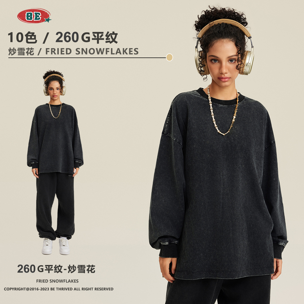 Camiseta de Manga Larga para Hombre BE, Estilo Americano 2025, Marca Moderna, Algodón Lavado Vintage, 260G, Camiseta Juvenil para Hombre