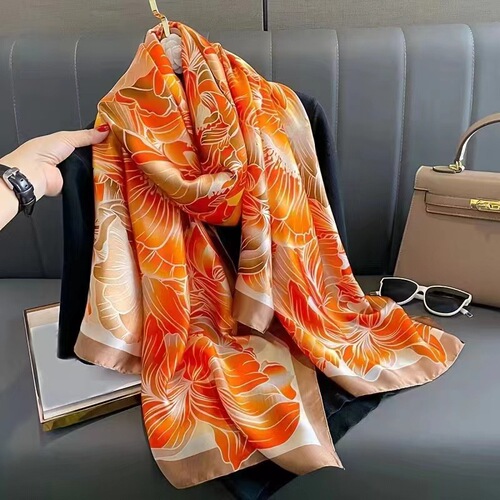 New Simulated Silk Scarf Women's Korean Version Versatile Long Scarf Sun Protection New Silk Satin Printed Scarf Air Conditioning Large Shawl