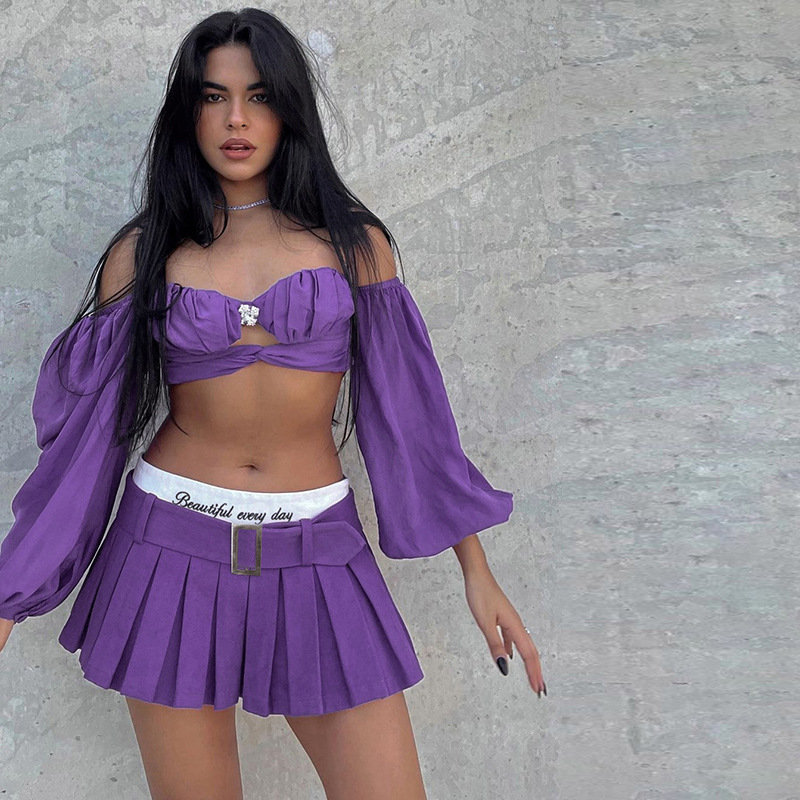 solid color low rise fake two-piece short pleated skirt with belt NSAFS137949