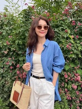 法式松弛感亚麻防晒衬衫上衣女夏季棉麻别致薄款衬衣罩衫东大门