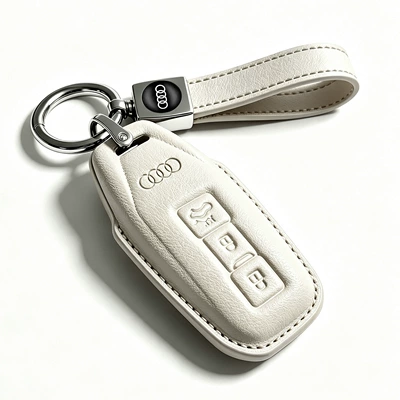 Car key bag – Audi A4L car key - e-model-white-leather-case-elastic-loop-leather-strap-key-cover