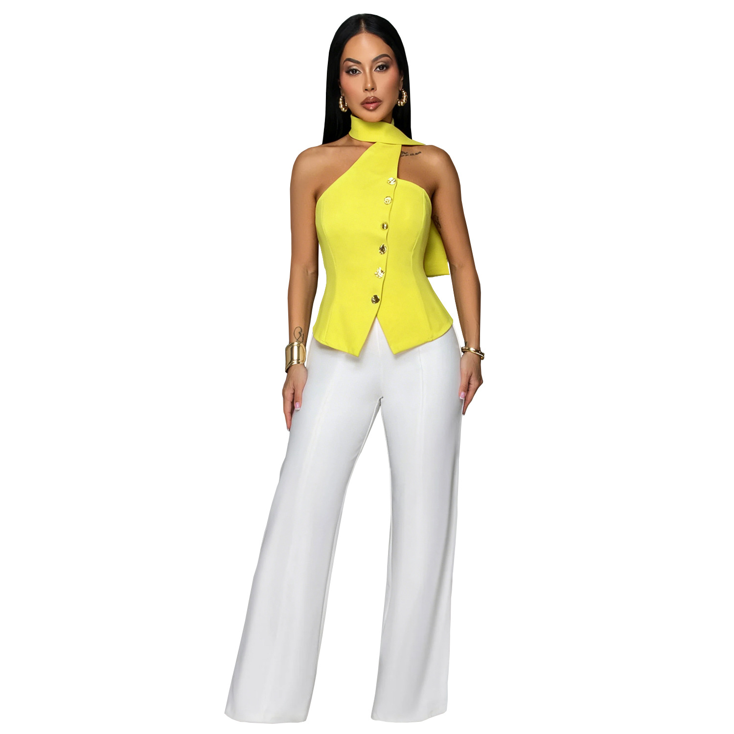 C7756 transfronterizo 2026 nueva ropa de mujer europea y americana de verano cuello de viaje de vestir chaqueta de regazo pantalones de piernas anchas dos piezas nuevo conjunto