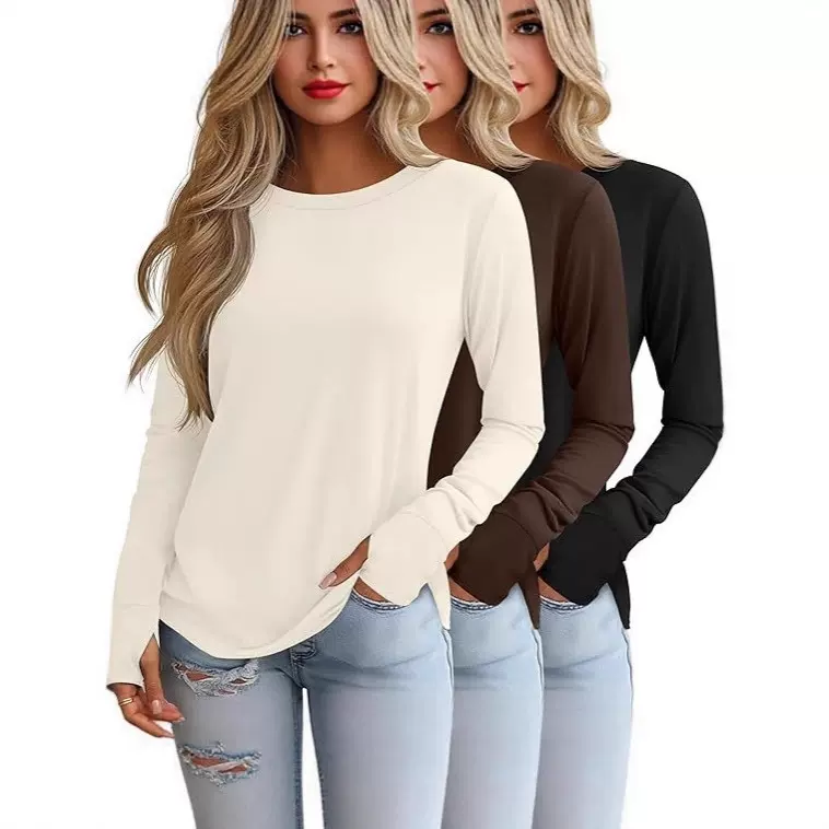 25秋季新款欧美跨境外贸亚马逊wish女装圆领长袖T恤长袖 源头工厂