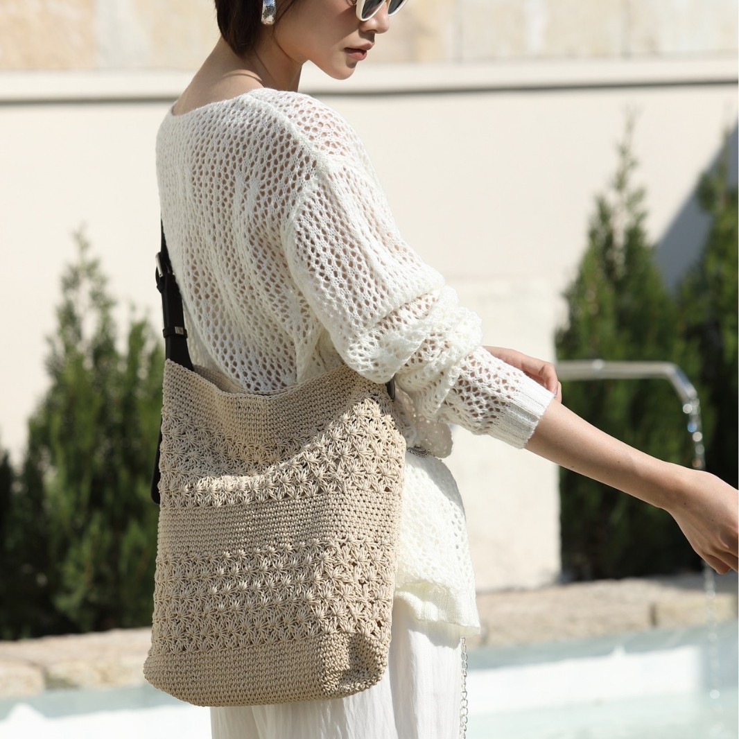 Summer Best-Seller Woven Cotton Tote Bag 2026 New Vacation Knit Shoulder Bag Large Capacity Commuter Tote - Thumbnail 4