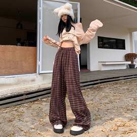 美拉德风复古格子休闲裤女秋冬高腰显瘦垂感直筒裤