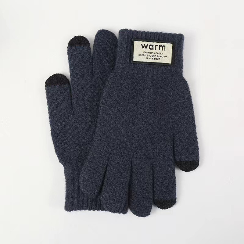 Guantes cálidos de invierno más vello grueso pantalla táctil a prueba de viento a prueba de frío ciclismo lana tejido de color sólido etiquetado guantes de hombre
