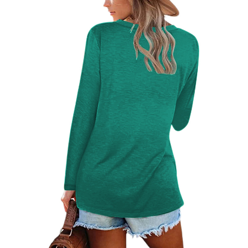 Women's T-shirt V-neck Loose Long Sleeved Solid Colour Top_voghion.com