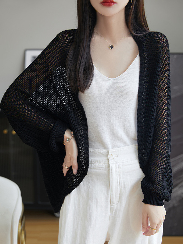 Fashionable Tencel Linen Hollow Shawl Jacket Summer Women's Loose Casual Bat Sleeve Mesh Knitted Cardigan