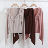 Демисезонный милый приталенный лонгслив, квадратный вырез, на шнурках