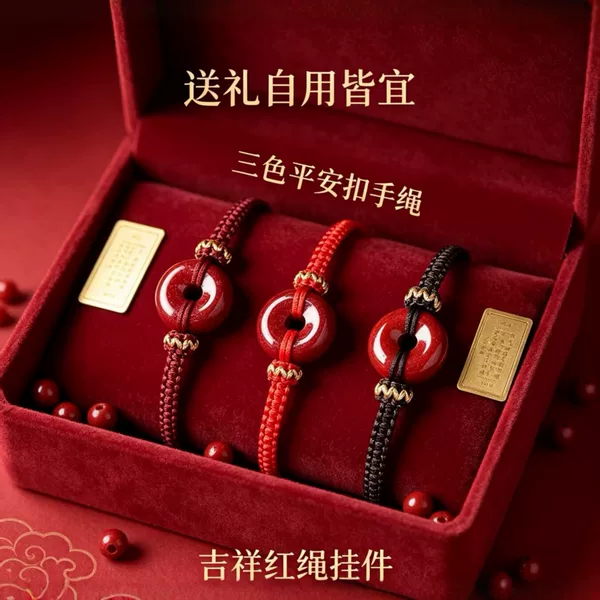 Three-Color Peace Buckle Red Rope Bracelet for Men and Women, Auspicious Bracelet for the Year of One's Birth, Woven Jewelry Gift Wholesale