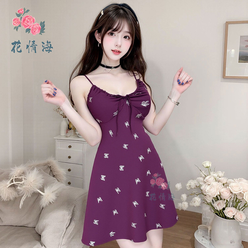 Floral Passion Sexy Lingerie Butterfly Ice Silk Sexy Pajamas Thin Style with Chest Pads Pure Desire Style Homewear Nightdress A974