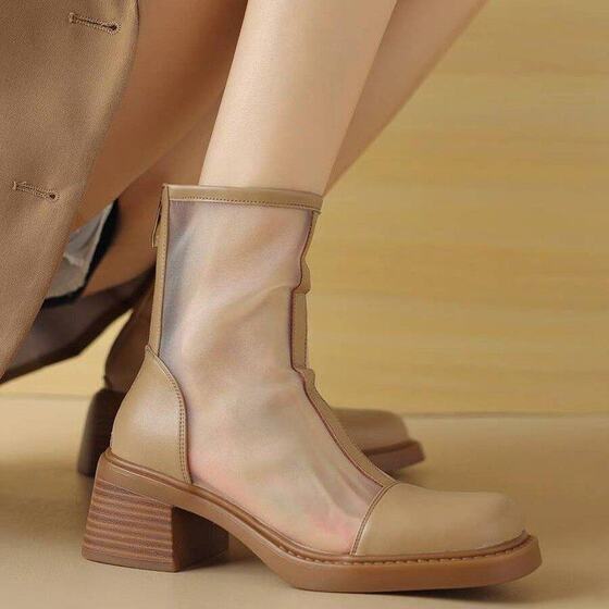 Mesh Boots Women's Summer Hollow Out Ankle Boots Soft Leather Mesh Gough Heel Sandals Breathable Martin Boots 2025 New Black Boots