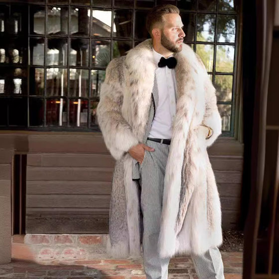 Amazon popular fur coat cross-border long men's bobcat leopard print environmental protection fur imitation fox fur coat