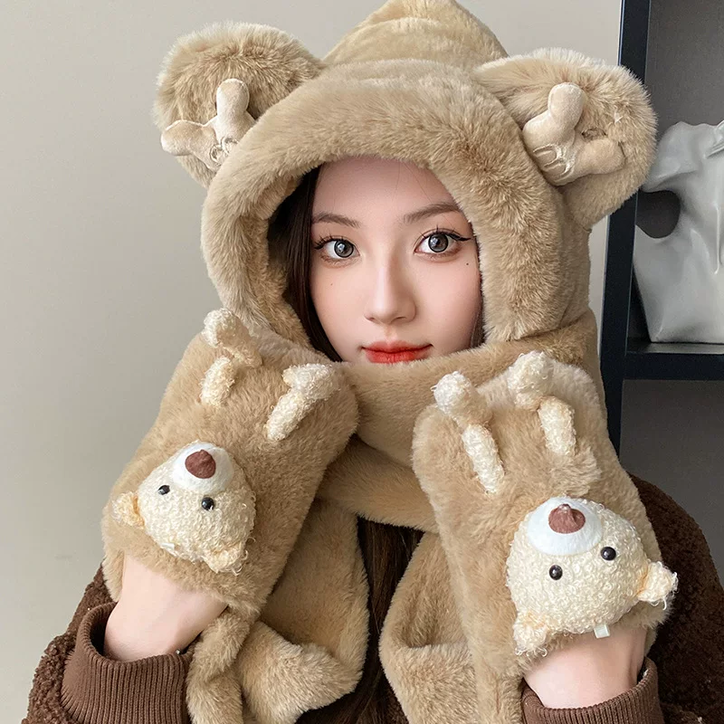 Demi-season set, warm hat, scarf, gloves, Korean style, with little bears, 3 piece set, three in one